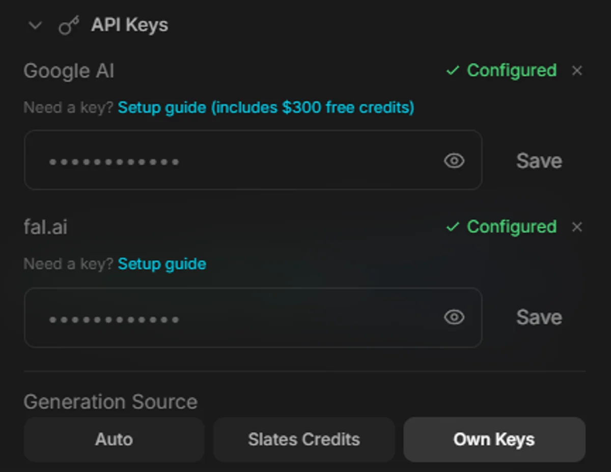 Slates settings panel showing API key fields for Google AI and fal.ai with keys configured
